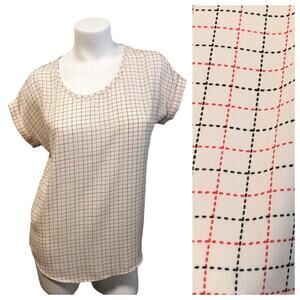 Pleione Blouse Popover Top Size S Cuffed Short Sleeve Red & Black Stitch Print